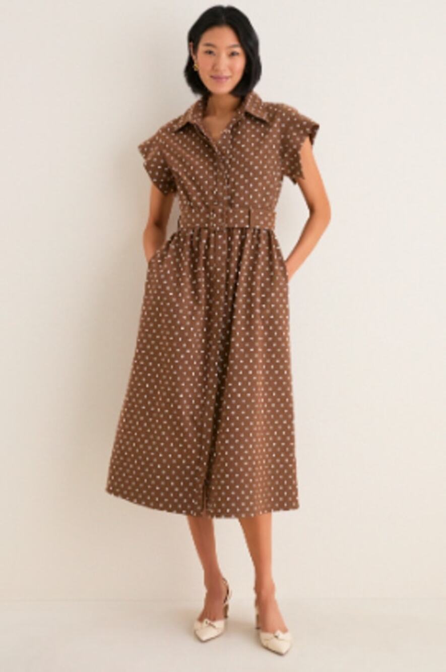 Tuckernuck Cocoa Brown Dot Chloe Midi Dress Size Small Belted NWT Fall Workwear